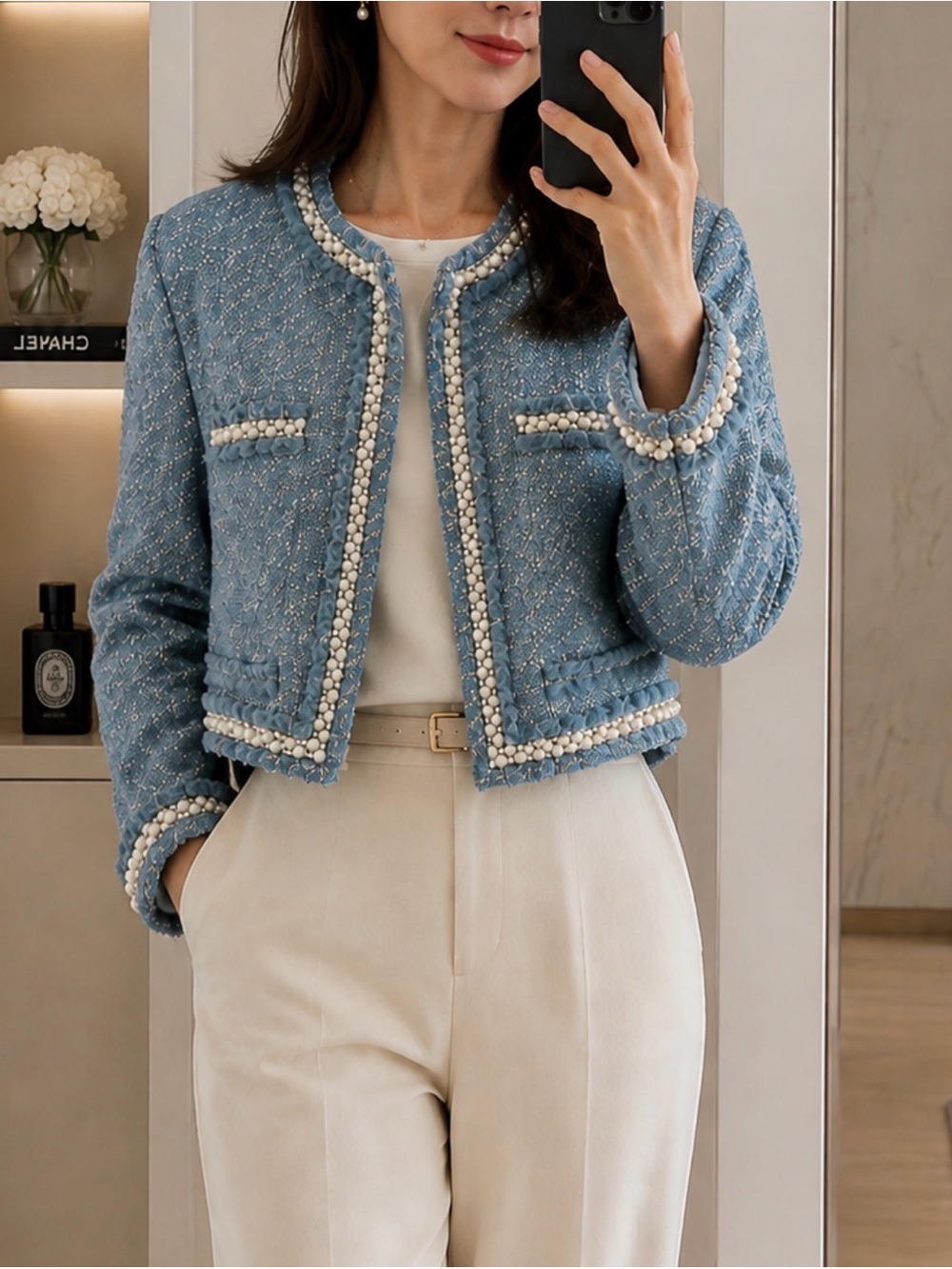 Mereci Light Blue Tweed Pearl-Trim Jacket